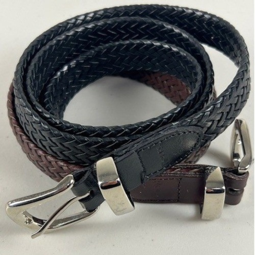 Rolfs Women's Braided Leather Belt Black & Brown Silver Buckle Size M‎ Set of 2